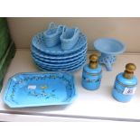 QUANTITY OF BLUE MILK GLASS INCLUDING HAND PAINTED TRAY AND LIDDED BOTTLES SET