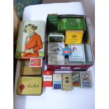 BOX OF MIXED VINTAGE TINS & CIGARETTE PACKS, WOODBINE, PLAYERS & DIGGER SHAG