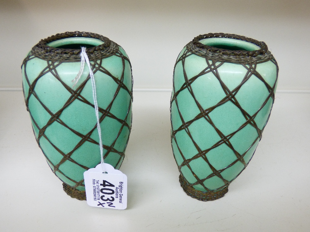 PAIR OF JAPANESE VASES WITH COPPER WIRE DECORATION 13 CMS - Image 2 of 3