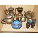 QUANTITY OF METAL WARE INCLUDING CLOISONNE POT & PAIR OF VASES