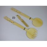 PAIR OF ART DECO IVORY SALAD SERVERS + BONE HAIR COMB