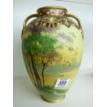 VASE DECORATED WITH A COUNTRY SCENE & HAVING GILDED HANDLES 32 CMS HIGH