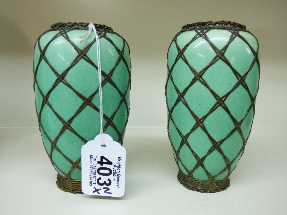 PAIR OF JAPANESE VASES WITH COPPER WIRE DECORATION 13 CMS