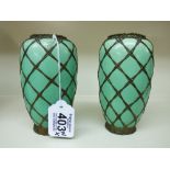 PAIR OF JAPANESE VASES WITH COPPER WIRE DECORATION 13 CMS