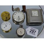 2 X SILVER POCKET WATCHES + 2 MOVEMENTS & 1 SMALL CLOCK