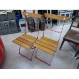 2 WOODEN SEATED, METAL FRAMED FOLDING CHAIRS