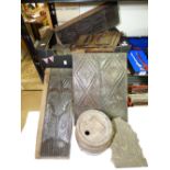 BOX OF WOODEN ITEMS INCLUDING PRINT BLOCKS, BOOK STAND & CARVED PANEL