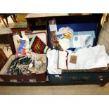 2 SUITCASES CONTAINING LINENS, UPHOLSTERY ITEM, MASONIC APRON ETC