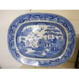 VICTORIAN BLUE & WHITE WILLOW PATTERN MEAT DISH 36 X 45 CMS