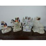 3 STAFFORDSHIRE FLATBACKS & CERAMIC DOG FIGURE