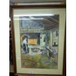 LARGE PAINTING OF A BLACKSMITHS WORKSHOP, SALLY COOPER