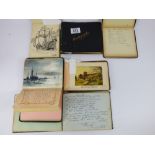 6 VINTAGE ALBUMS / AUTOGRAPHS BOOKS CONTAINING VARIOUS AMMOUNTS OF WATER COLOURS, SKETCHES, POEMS