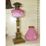 VICTORIAN BRASS OIL LAMP WITH PINK GLASS RESERVOIR & SHADE