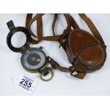 WWI SHORT & MASON LTD. VERNERS PATTERN, MILITARY COMPASS, DATED 1916 & LEATHER POUCH & STRAP STAMPED