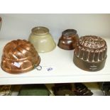 4 X JELLY / BLANCMANGE MOULDS INC 2 X COPPER & 2 CERAMIC