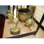 BRASS ITEMS INCLUDING FIRE DOGS, SPIRIT KETTLE & OTHERS