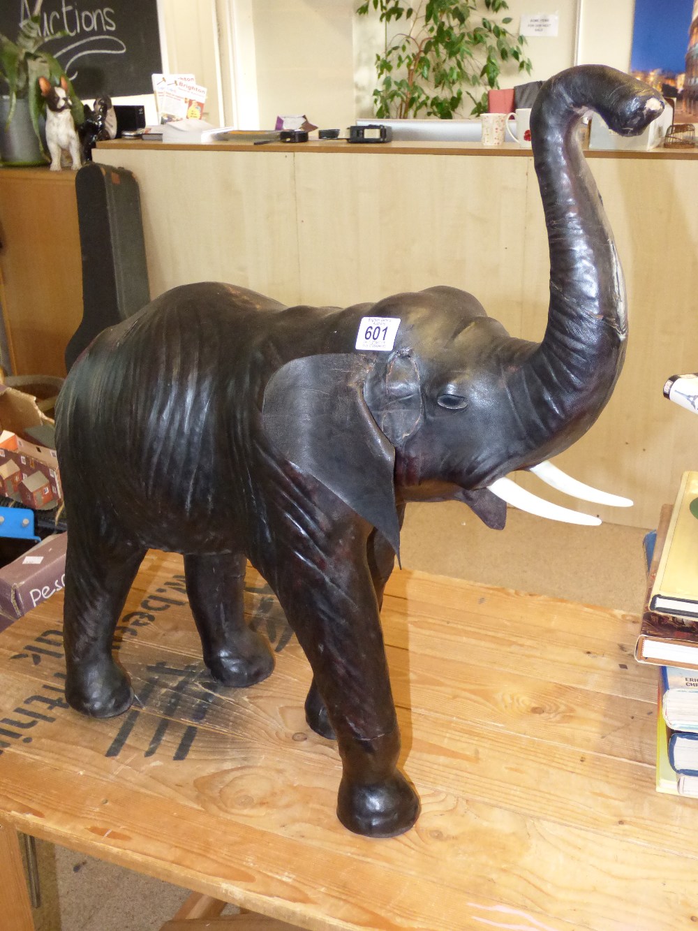 1940'S LEATHER CLAD ON STRAW & TIMBER MODEL OF A LEATHER ELEPHANT 65CM LONG X 70CM HIGH - Image 2 of 3