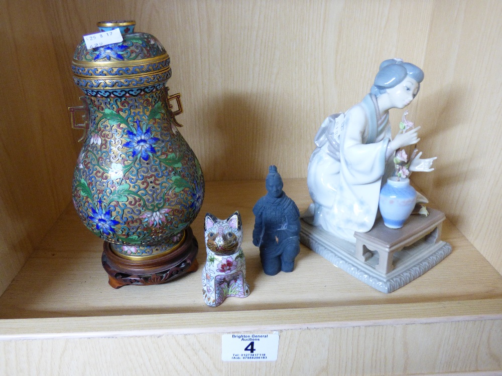 3 X ORIENTAL FIGURES & A CLOISONNE LIDDED URN