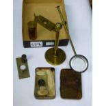 ANTIQUE MAGNIFYING GLASS ON STAND & LENS + OTHER ITEMS