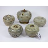 5 X 15th CENTURY THAI, SAWANKHALOK, LIDDED POTS WITH CELADON GLAZE AND THAI COIN -SHIPWRECK CARGO