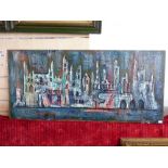 LARGE OIL PAINTING OF BUILDINGS / RUINS, SIGNED, 220 X 55 CMS