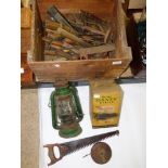 WOODEN BOX CONTAINING VINTAGE TOOLS, STORM LANTERN & HEATER