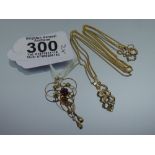 GOLD CHAIN & PENDANT BOTH MARKED 9 CT + ART NOUVEAU GOLD, GARNET & PEARL PENDANT, TESTED 9 CT, TOTAL