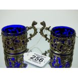 PAIR OF HALL MARKED SILVER CUP HOLDERS 1894-95 WILLIAM COMYNS & SONS LTD. 68.27 GRAMS + 2 GLASS