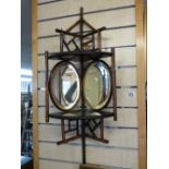 VICTORIAN ERA JAPANESE FAUX BAMBOO DECORATED CORNER HANGING MIRROR / SHELF