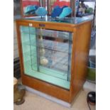 1930'S FRENCH OAK COFFEE SHOP DISPLAY CABINET WITH MIRROR BACK, GLASS SHELVES & DRAWERS TO BACK