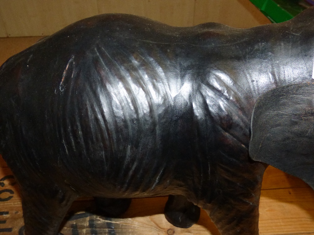 1940'S LEATHER CLAD ON STRAW & TIMBER MODEL OF A LEATHER ELEPHANT 65CM LONG X 70CM HIGH - Image 3 of 3