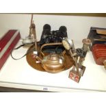 PAIR BINOCULARS, 2 MAGNETIC GAUGES, COPPER KETTLE & COPPER TRAY MARKED BIRMINGHAM GUILD LTD