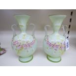 PAIR OF EDWARDIAN GLASS VASES HAND FINISHED WITH FLOWERS 20 CMS