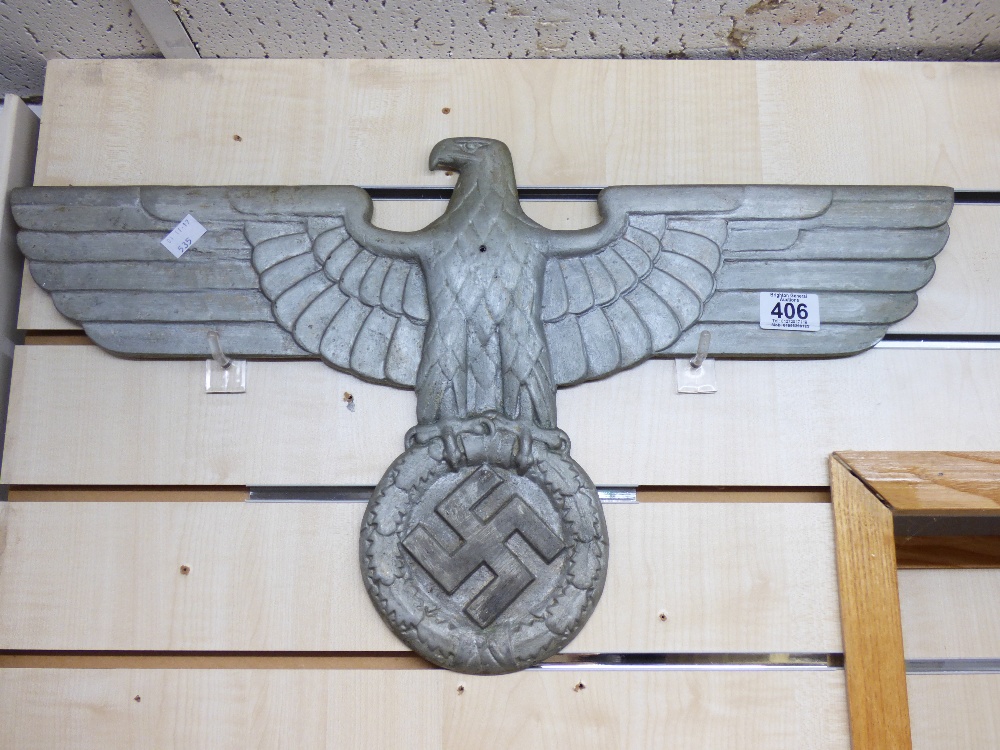 CAST ALUMINIUM NAZI EAGLE ABOVE A SWAZTIKA 34 X 62 CMS MARKED TO THE REAR GAL Mg Si. AP AG