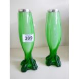 PAIR OF GREEN GLASS VASES WITH HALL MARKED SILVER RIMS 20 CMS HIGH