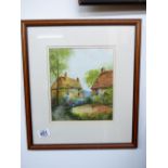 WATER COLOUR OF COTTAGES SIGNED ARTHUR WILKINSON 36 X 41 CMS