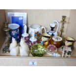 QUANTITY OF COLLECTABLES INCLUDING CANDLESTICKS AND GLASS PAPERWEIGHTS