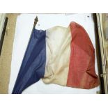 WW1 ERA FRENCH TRICOLOUR, ON POLE WITH BRASS FINIAL