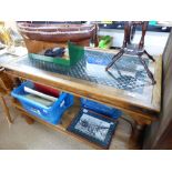 GLASS TOPPED COFFEE TABLE WITH METAL BRACKETS