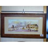 WATER COLOUR OF A STREET SCENE, SIGNED DENNIS KING. 57 X 31 CMS