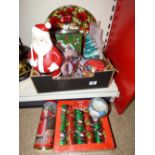 BOX OF CHRISTMAS THEMED ITEMS, INCLUDING CRACKERS