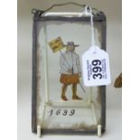 PIECE OF LEAD FRAMED PAINTED GLASS DEPICTING A RAT CATCHER, DATED 1639