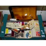 BOX OF POSTAGE STAMP RELATED ITEMS & POSTCARDS