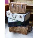 2 WICKER BASKETS, SUITCASE & AN ADVERTISING LAUDRY BOX