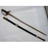 A COPY OF FRENCH NAVAL OFFICERS STYLE SWORD WITH LEATHER SCABBARD 29 3/4 INCH BLADE