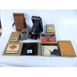 KODAK FOLDING BROWNIE CAMERA, SPORTSTER CINE CAMERA + 5 BOXES OF GLASS NEGATIVES