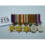 SET OF 5 X WWII MINIATURE MEDALS & RIBBONS