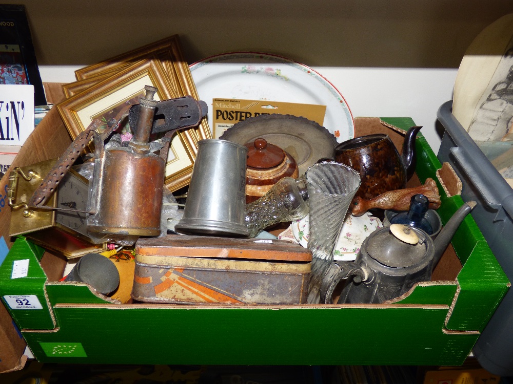 BOX OF MIXED ITEMS INCLUDING CARRIAGE CLOCK