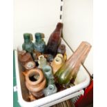 COLLECTION OF ANTIQUE GLASS & STONEWARE BOTTLES + OTHERS