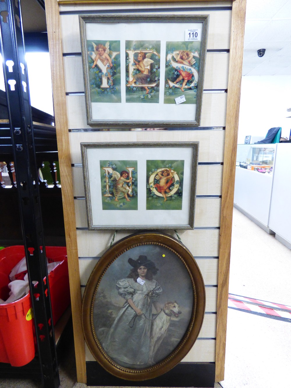 YES / NO PICTURES WITH CHERUBS & OVAL FRAMED PICTURE OF A LADY & DOG